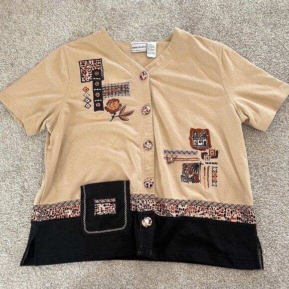 Cottage Prairie y2k Embroidered Patchwork Beige Button-Up Cardigan Large - Picture 9 of 11